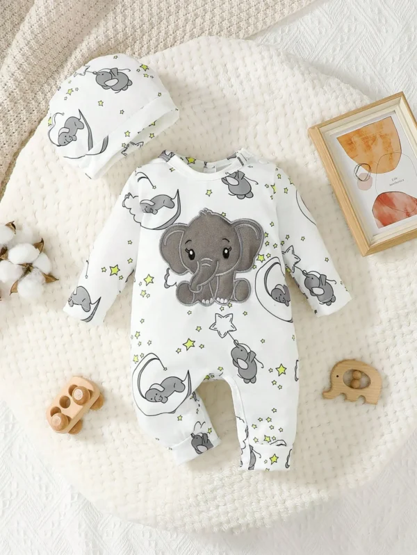 Elephant Embroidered Romper & Hat Set