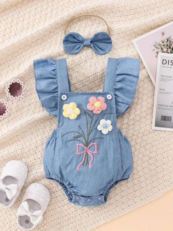 Flower Denim Overall & Bow Set