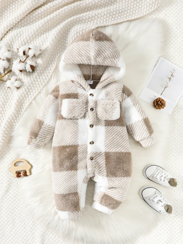 Plaid Hooded Plush Jumpsuit